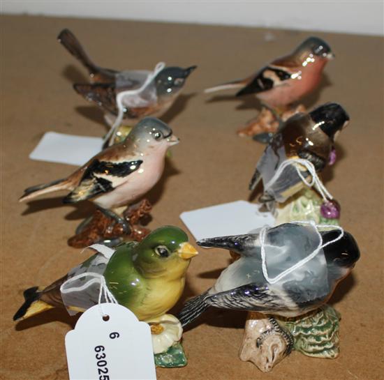 Six Beswick birds, goldfinch, 2273, greenfinch, 2105, chaffinch, 991 (2), whitethroat, 2106 & bullfinch, 1042